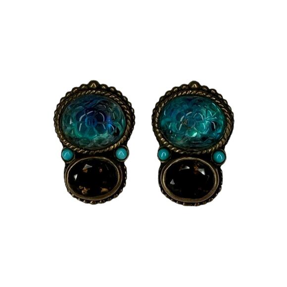 Stephen Dweck Clip On Earring Vintage Carved Smoky Quartz Turquoise Blue Crystal - Picture 4 of 11